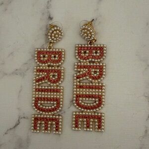 Gold and Pink 'BRIDE' Statement Earrings. Bride is 2.5” not including round stud